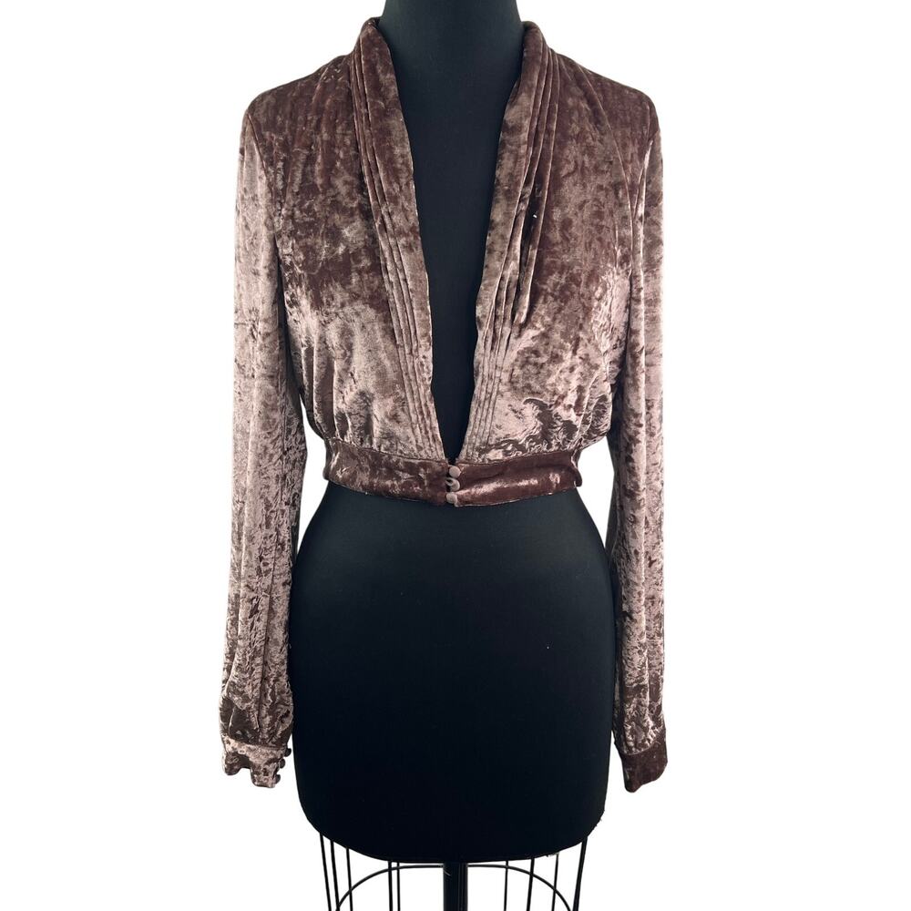 Lovers + Friends Brown Floyd Velvet Top Deep V-Neck Cropped Long Sleeve Size S